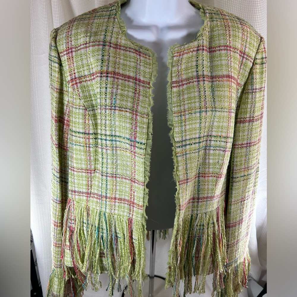 WD.NY green plaid tweed fringe jacket